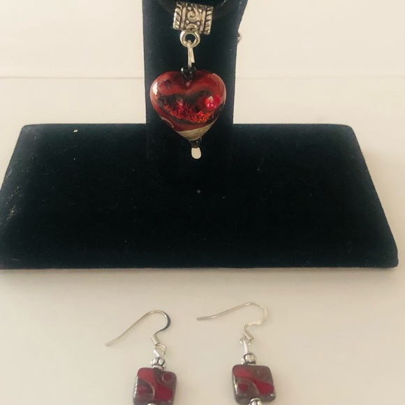 Ruby Red Glass Heart Pendant Necklace and Earrings - Picture 6 of 12